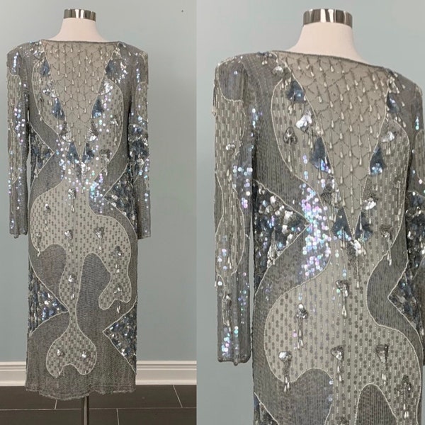 Gray and Silver Beaded Sequin Midi Formal by Exotica  - Size 2/4 - 80s Silver Beaded Sequin Formal