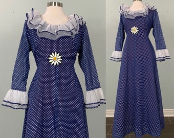 1970s Navy Blue and White Polka Dot Maxi Formal - Size 12/14 - 70s Blue and White Ruffled Polka Dot Formal