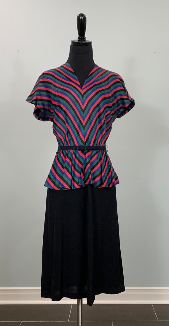 Black Multicolor Stripe Peplum Wiggle Dress - Size