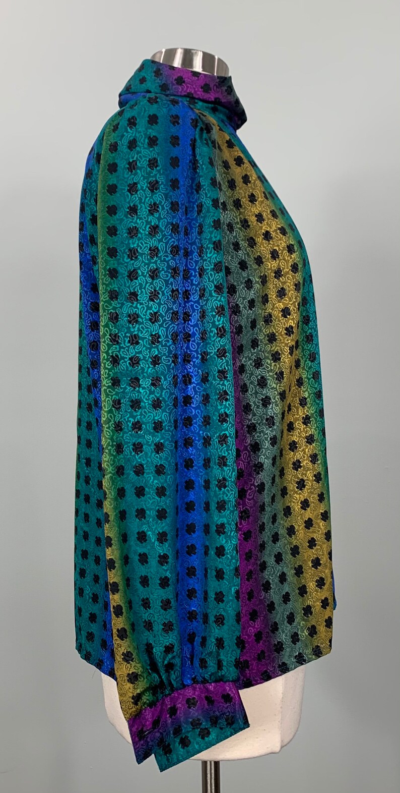 Size 1214-42 Bust Vintage Robbie Sport Mod Multi-Color Shirt Casual Paisley Purple 1980s Rainbow Blouse Blue Stripe