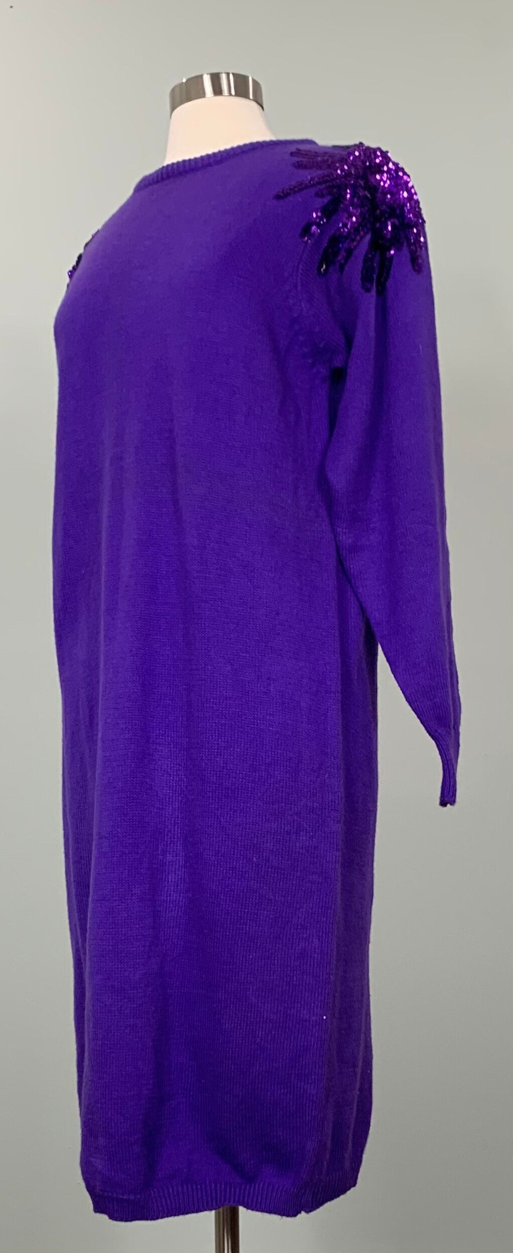 Purple Sequin Knit Sweater Dress by Plain Jane Size 8 10 80s Purple Sequin Knit Shirtdress Etsy