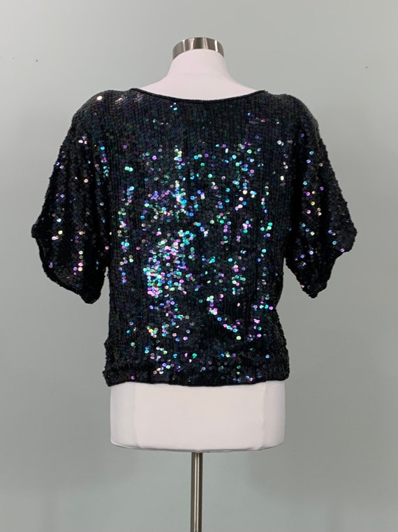 Vintage 80s Semi Sheer Sequin Blouse Black Silver Pink 12 14