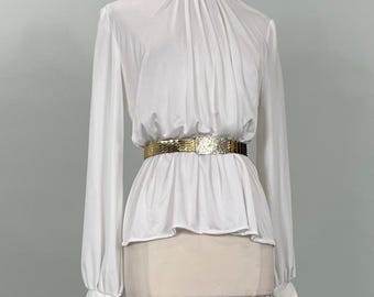 Elegant Gathered White Blouse w/Balloon Sleeve - Size 10/12