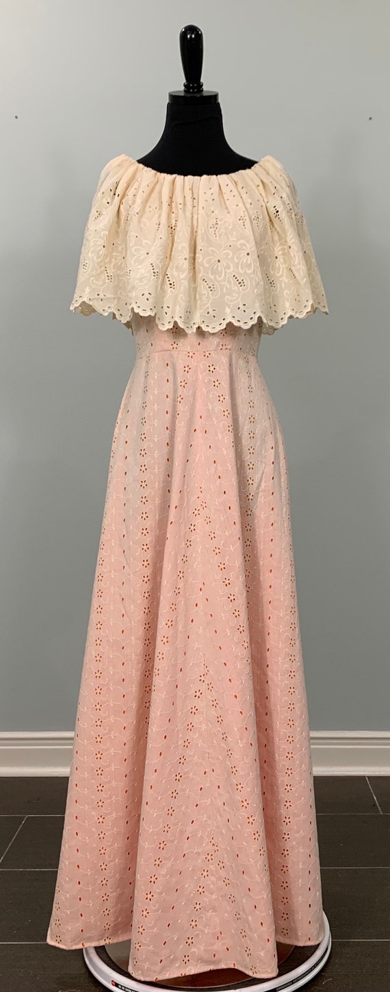 Beige and Orange Embroidered Eyelet A-Line Maxi -… - image 2