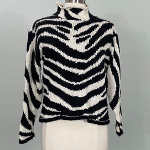 May include: A black and white zebra-striped sweater with a turtleneck. The sweater has long sleeves and a ribbed hem. The pattern is bold and graphic, with thick black stripes against a white background. The sweater is displayed on a mannequin.