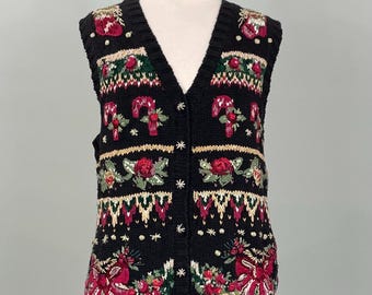 2000 Heirloom Collectibles Black Christmas Sweater Vest - Large - Candy Canes Garland