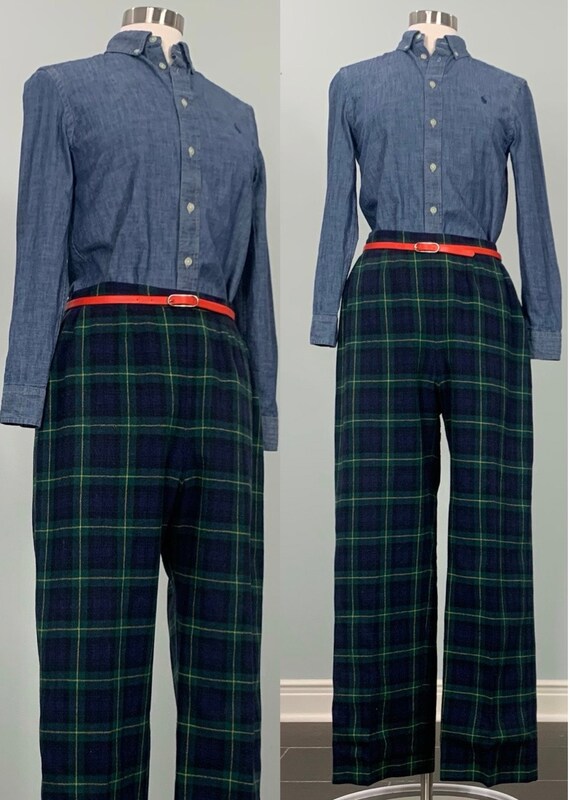 Tartan Plaid Flat Front Wool Pants by Johnny Appleseeds Size 8 10 80s Navy Tartan Plaid Trousers Etsy