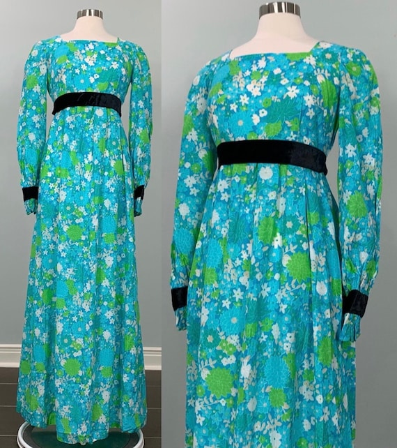 Blue and Green Floral Formal Maxi with Black Velv… - image 1