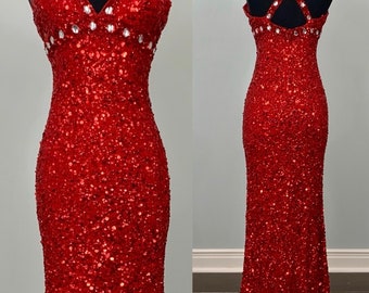 Red Beaded Sequin Fitted Gown by Scala - Size 6/8 - Heavily Beaded Red Sequin Fitted Embellished Formal
