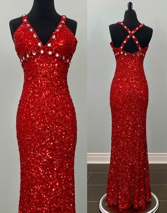 Red Beaded Sequin Fitted Gown by Scala - Size 6/8 