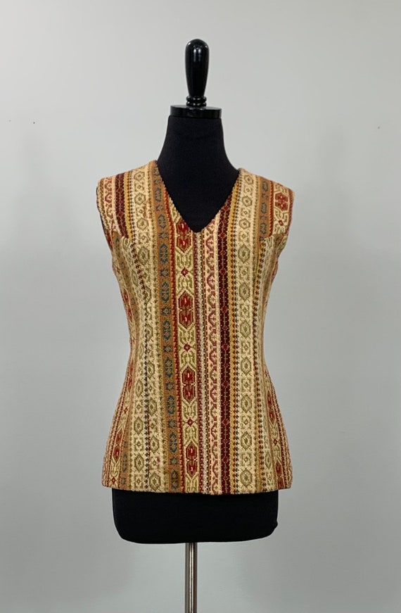 1970s Beige and Brown Tapestry Sleeveless Top - Si