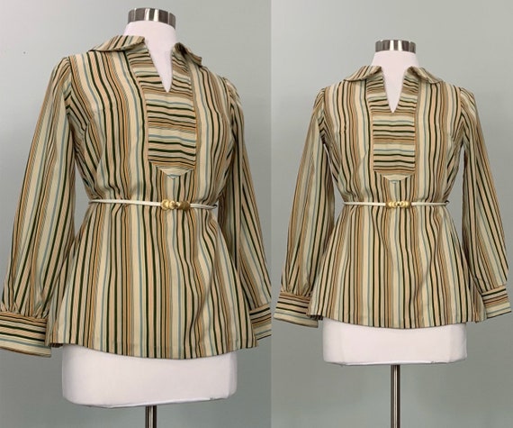 1970s Beige and Dark Green Vertical Striped Blous… - image 1