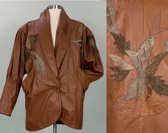 Brown Leather Oversized Jacket with Suede Appliques - Size 12/14 - 80s Oversized Brown Leather Jacket with Dolman Sleeves