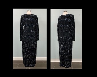 1980s SCALA Solid Black Iridescent Long Sleeve Heavily Beaded Gown - Size 4/6 - 90s SCALA Long Sleeve Sequin and Heavily Beaded Formal Gown