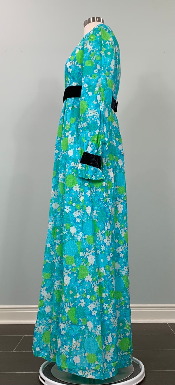 Blue and Green Floral Formal Maxi with Black Velv… - image 4