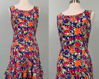 Mulitcolor Sleeveless Floral Teired Mini Dress by ARPEJA - Size 6/8 - 80s Rainbow Layered Floral Dress