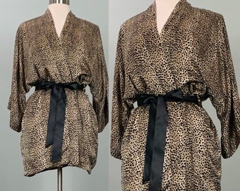 Brown and Black Animal Print Silk Short Robe by Andres - Up to Size 8/10 - Silk Leopard Short Robe