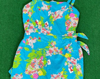 1960s Aqua Blue Floral One Piece Swimsuit by Gabar - Size 12/14