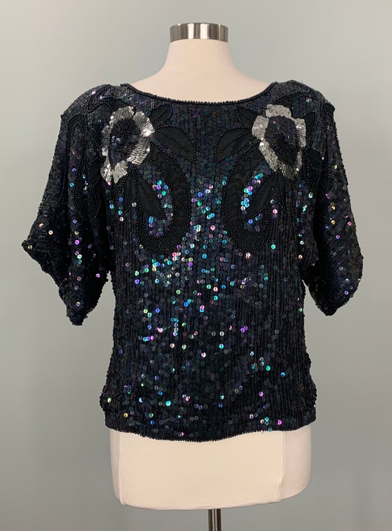 Black and Silver Sequin Blouse - Size 12/14 - Dis… - image 8