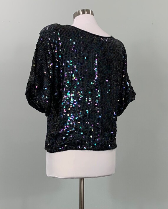 Vintage 80s Boxy Oversized Sequin Blouse Black Silver 10 12