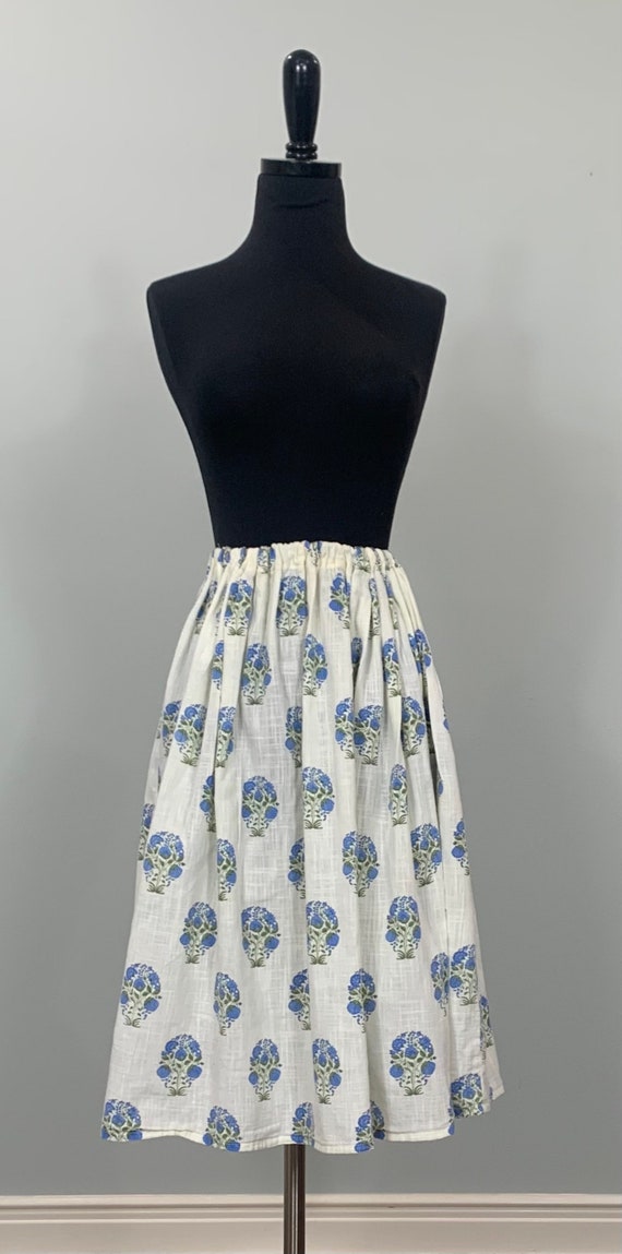 Beige and Blue Floral Gathered Midi Skirt - Up to… - image 2