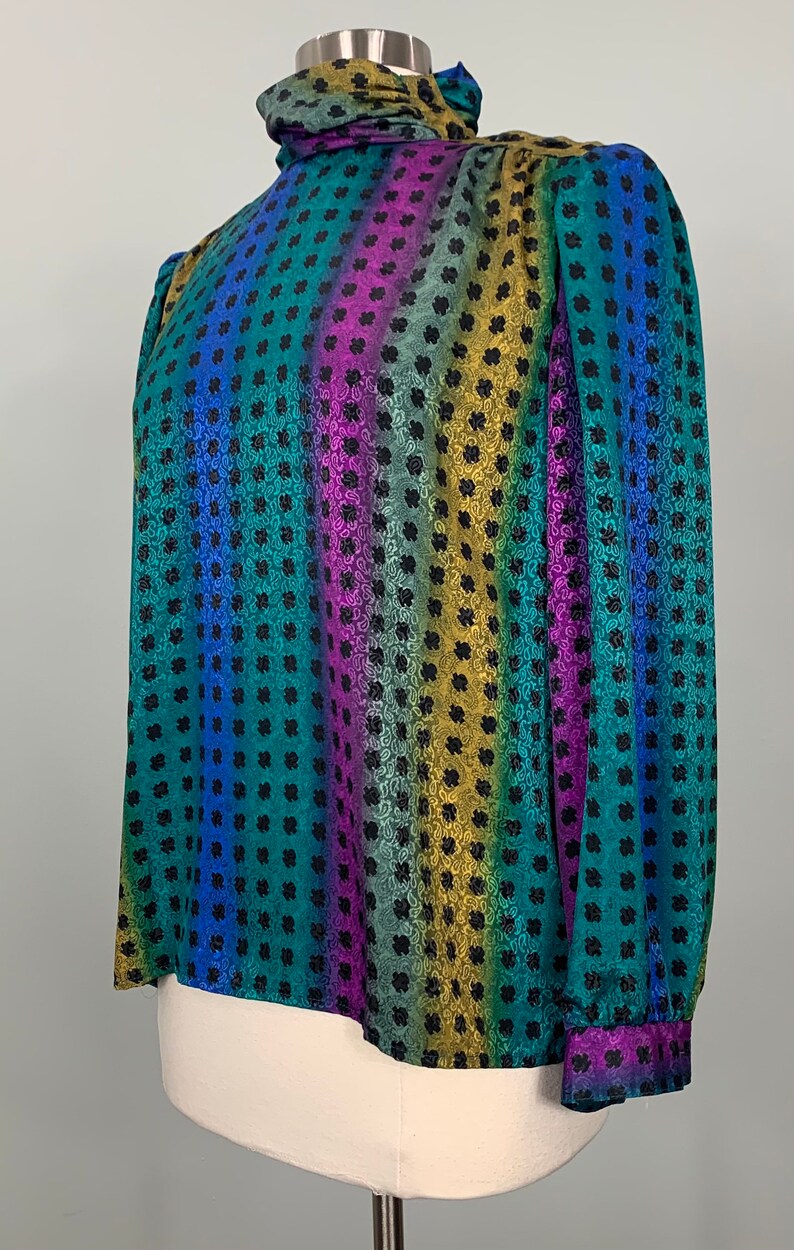 Size 1214-42 Bust Vintage Robbie Sport Mod Multi-Color Shirt Casual Paisley Purple 1980s Rainbow Blouse Blue Stripe