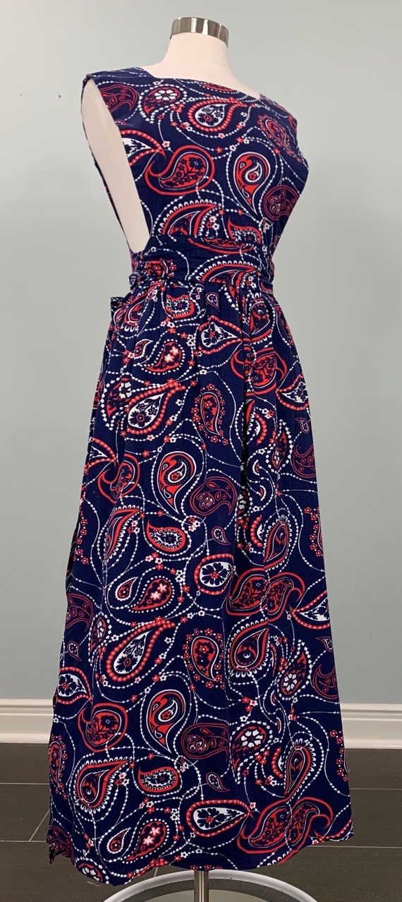Navy Blue White and Red Paisley Apron Wrap Dress -
