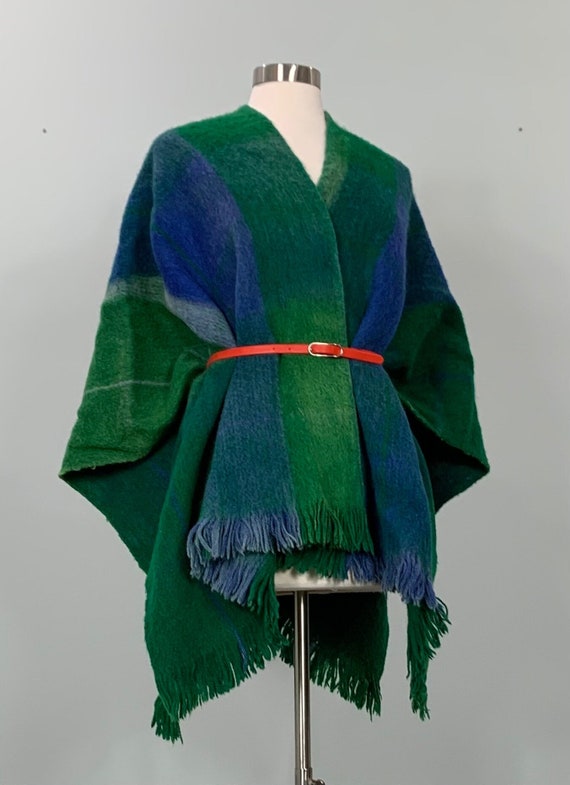 Blue and Green Wool Blanket Fringed Poncho - OSFM 