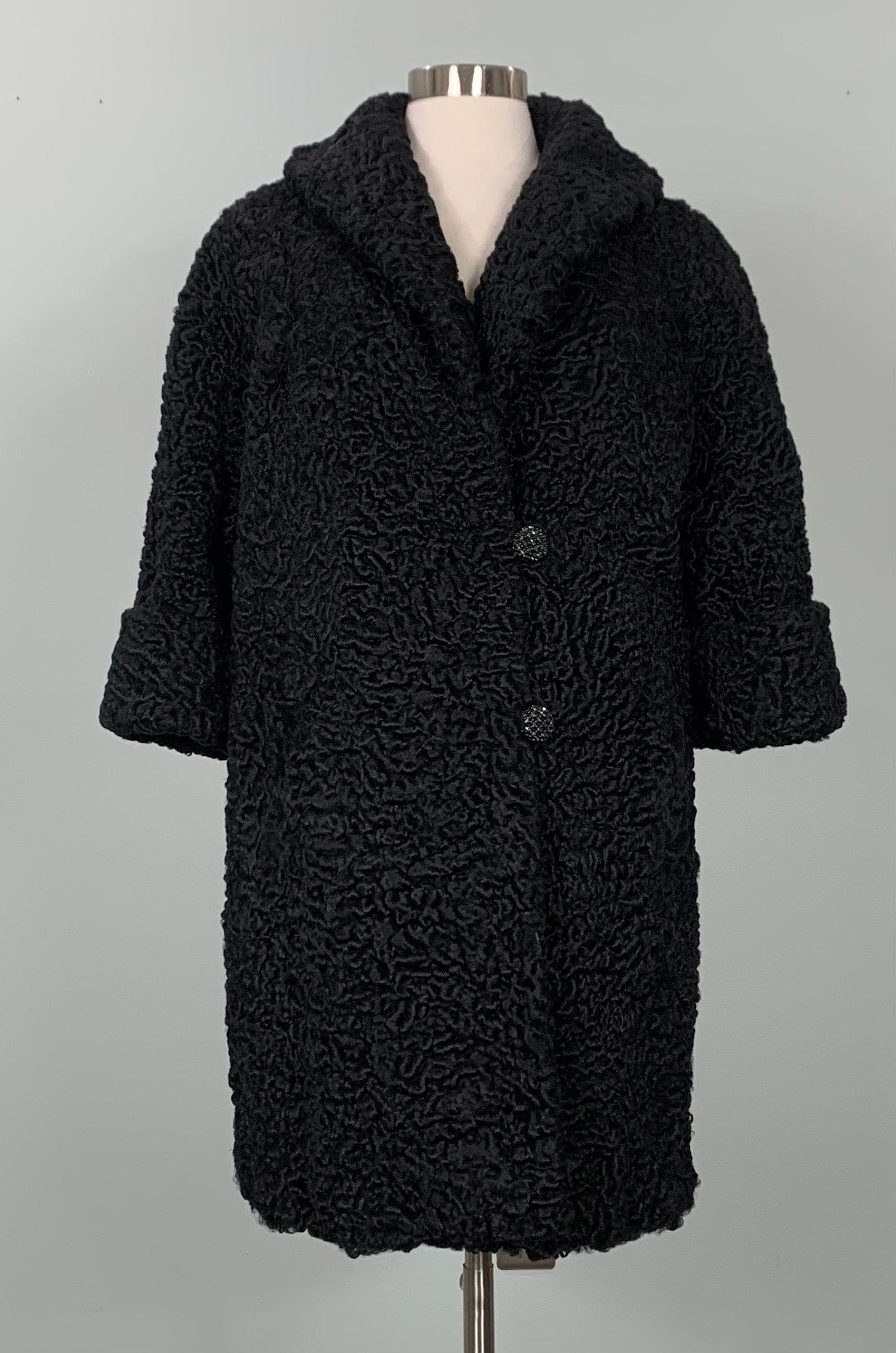Mod Black Lamb's Wool Coat With Rhinestone Buttons - up to Mod Black Lamb's Wool Coat With Rhinestone Buttons - up to