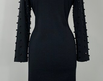 Black Beaded Fitted Knit Cocktail Dress by Outlander - Size 8/10 - 90s Black Beaded Pencil Knit Mini Dress