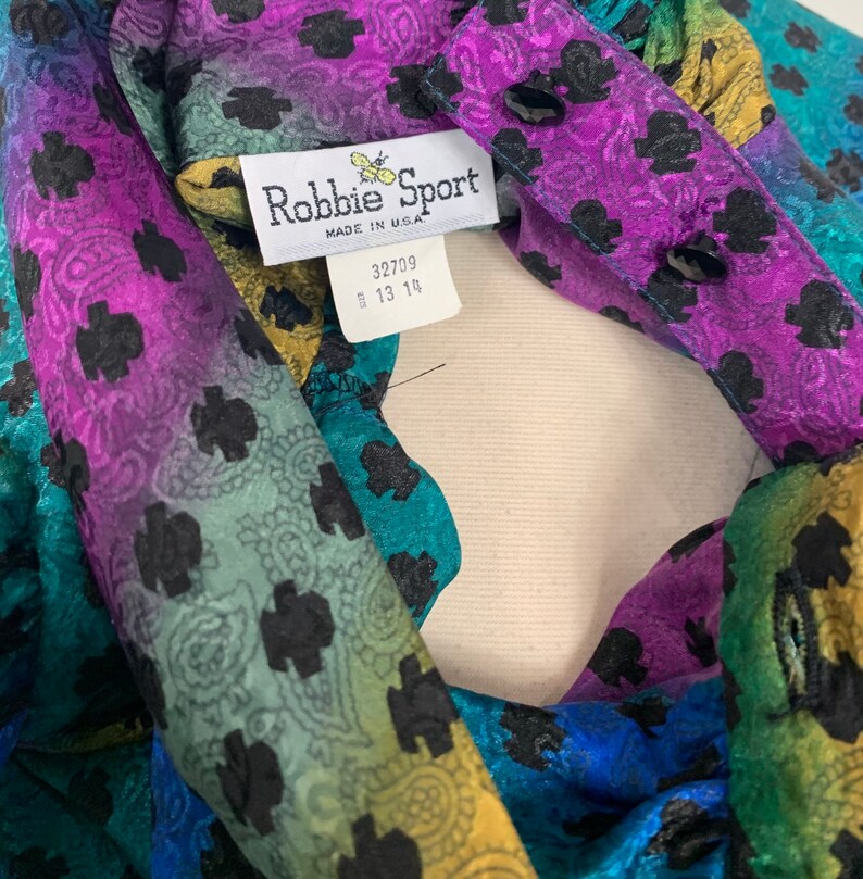 Size 1214-42 Bust Vintage Robbie Sport Mod Multi-Color Shirt Casual Paisley Purple 1980s Rainbow Blouse Blue Stripe