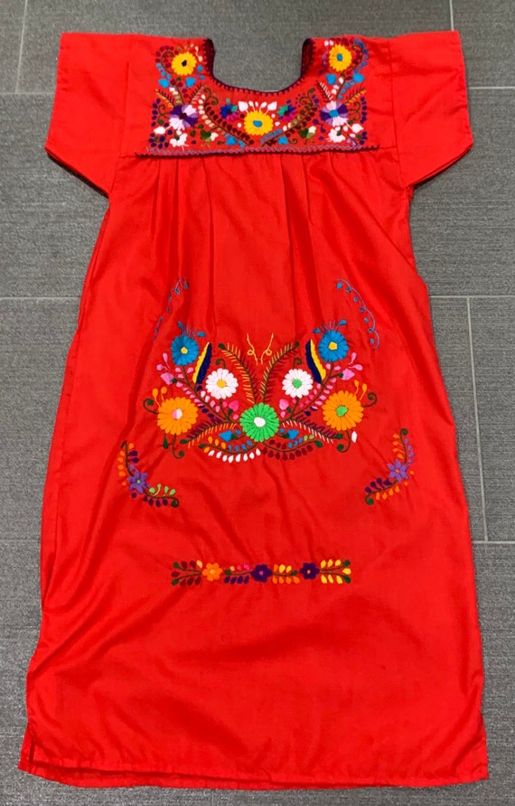 Red Multicolor Floral Embroidered Mexican Dress -… - image 1