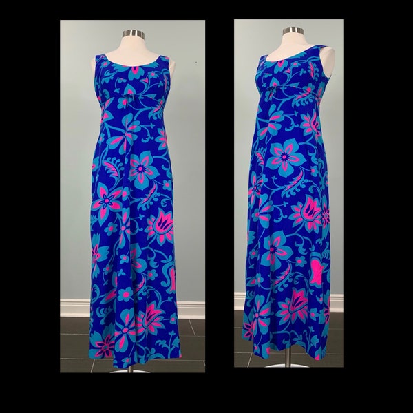 1960s Polynesian Bazar Blue and Neon Pink Floral Sleeveless Hawaiian Maxi - Size 8/10 - 60s Blue and Pink Hawaiian Maxi Dress - Mod Hawaiian