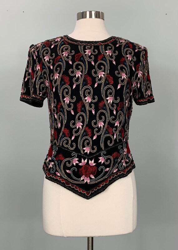 Black Beaded Embroidered Formal Blouse by Papell Boutique Size 6 8 90s Black Multicolor Embroidered Beaded Top Etsy UK