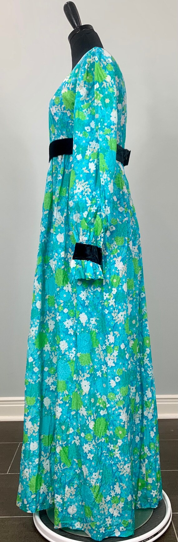 1970s Blue Floral Maxi Dress with Black Velvet Trim -… - Gem