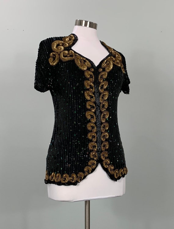 Black and Gold Sequin Beaded Fitted Blouse - Size 
