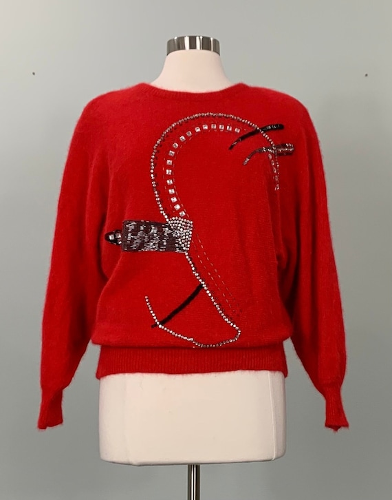 Red Rhinestone Embellished Angora Sweater by Oleg 