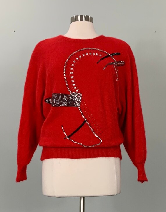 Red Rhinestone Embellished Angora Sweater by Oleg 