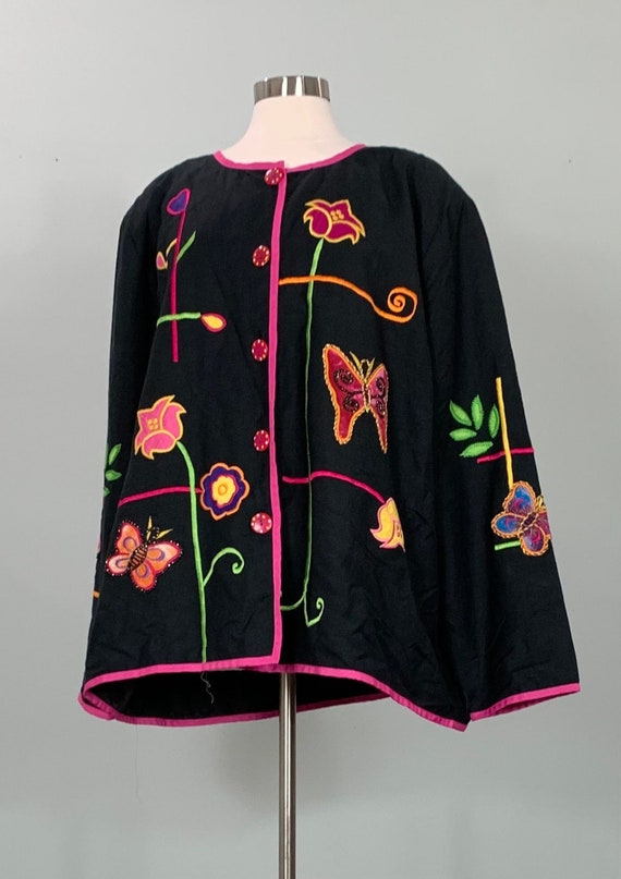 Black and Rainbow Embroidered Butterfly Floral Jac