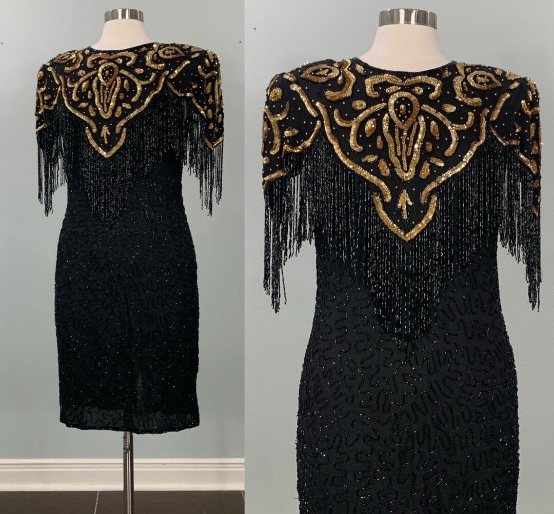 Vintage Luxe Mod Go Go Beaded Fringe Cocktail Evening Top - Black Satin main image 1