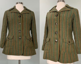 Avocado Green Stripe Fitted Blazer - Size 6/8 - Avocado Green Blue and White Fitted Blazer - 60s Green Fitted Blazer