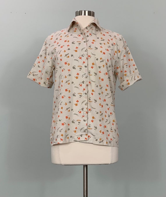 1960s Beige and Orange Floral Button Down Shirt b… - image 1