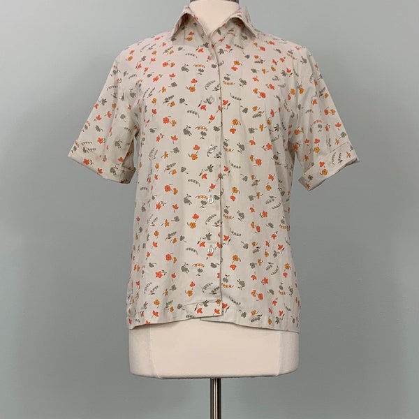 1960s Beige and Orange Floral Button Down Shirt by Merriweather - Size 4/6 - 60s Beige Floral Summer Top