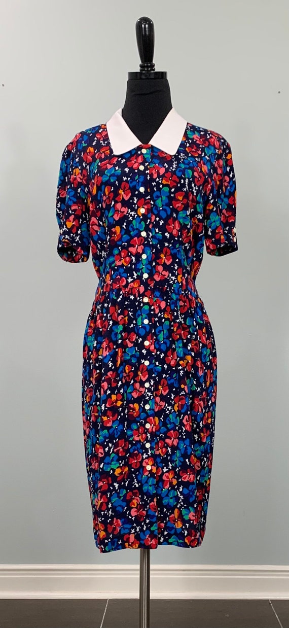 1980s Liz Claiborne Floral Multi-color Short Sleev