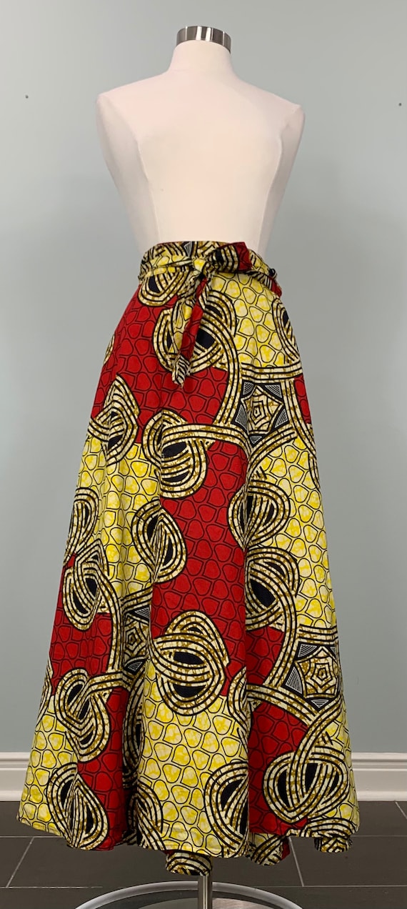 Yellow and Red Abstract Print Wrap Circle Skirt - 