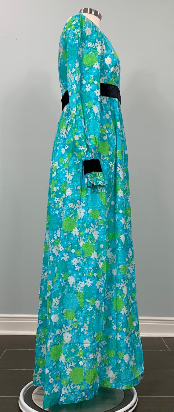 Blue and Green Floral Formal Maxi with Black Velv… - image 8