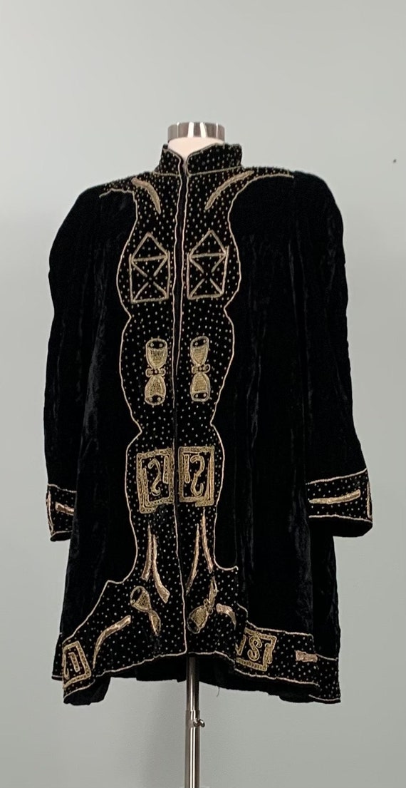 Black Velvet Embellished Swing Coat by Jewel Queen