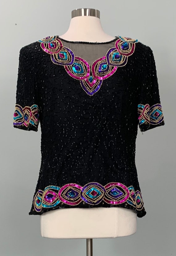 Black Multicolor Beaded Blouse by Stenay - Size 10