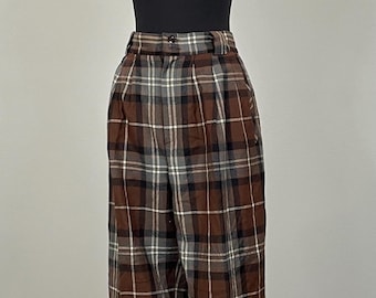 1990s Brown Black Gray Plaid Pleated Wool Pants by Giorgio Sant'Angelo - Size 6/8