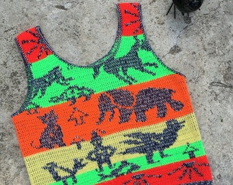 1970s Vintage Sweater Vest - Sleeveless Sweater - Cat Donkey Elephant Sun Tribal - Stripe Neon Green Orange Red - Hippie Boho - 35 Bust